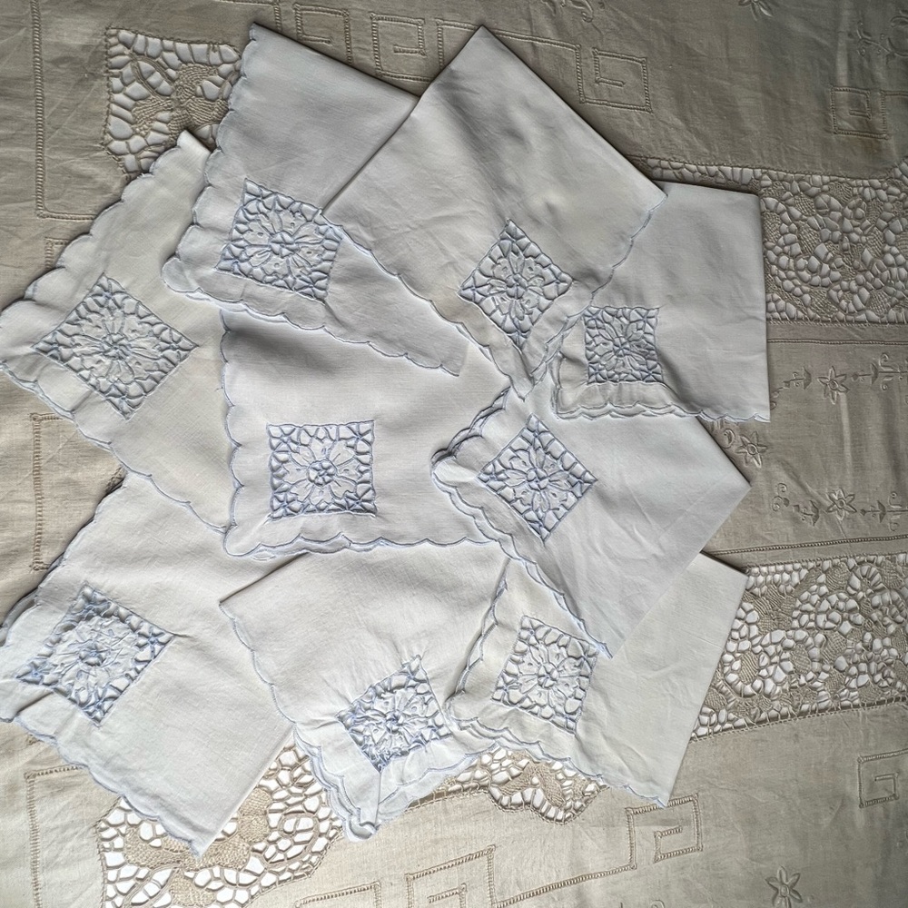 Vintage Ice Blue & White Linen Battenburg Dinner Napkins Set of 9